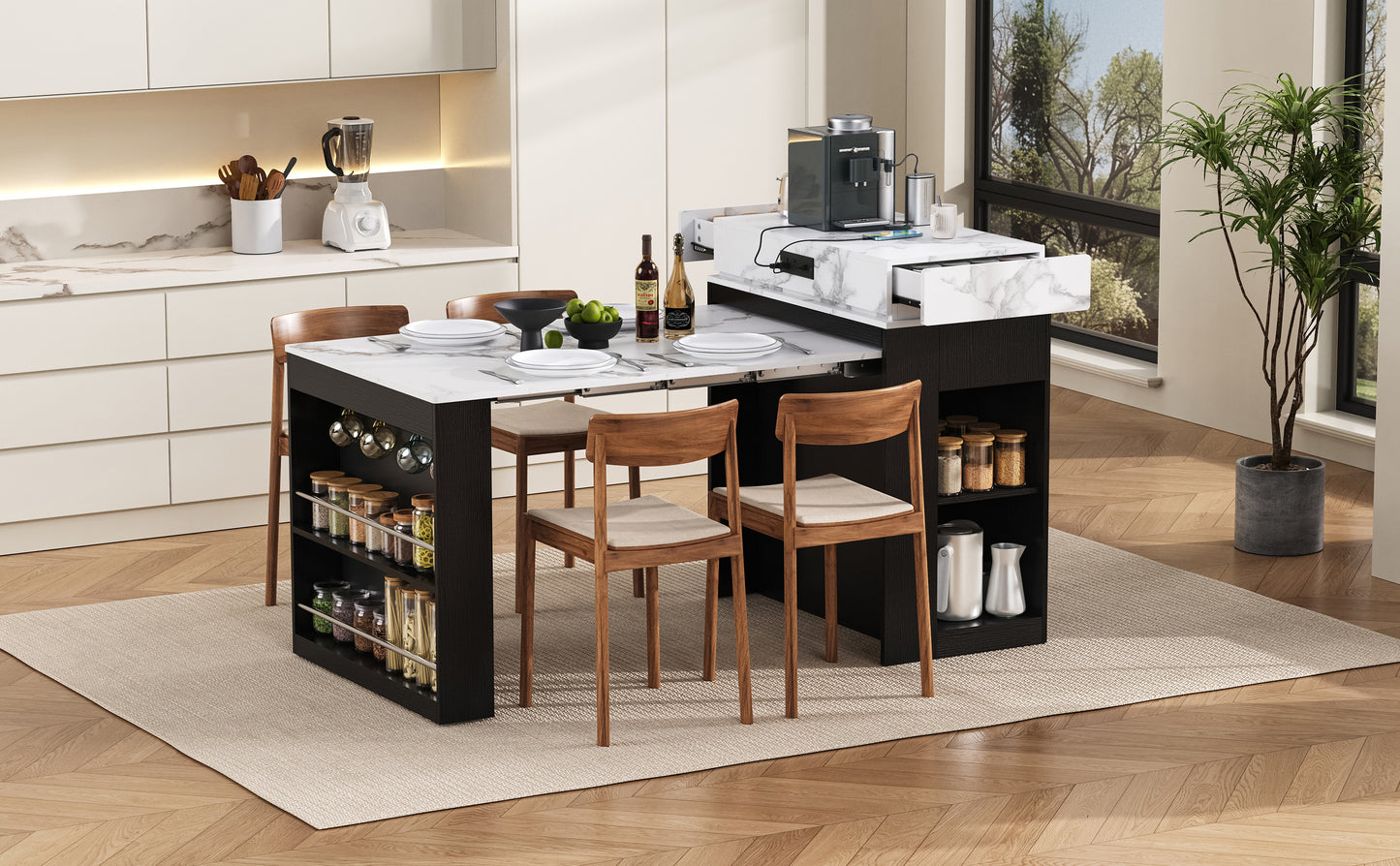 [VIDEO] TREXM Extendable Dining Table with Folding Tabletop, Bar Table with Drawers and Power Outlet, Kitchen Island with Wheels and Hooks, Sideboard for Kitchen and Dining Room (Black+Marble White) image 3