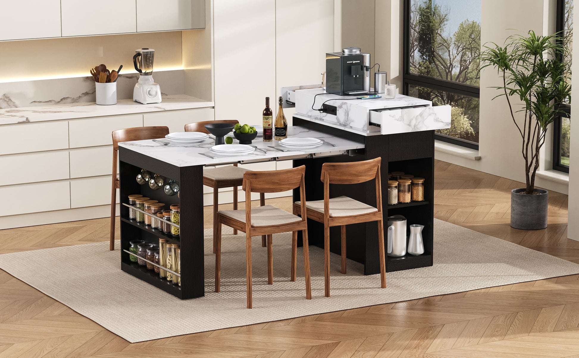 [VIDEO] TREXM Extendable Dining Table with Folding Tabletop, Bar Table with Drawers and Power Outlet, Kitchen Island with Wheels and Hooks, Sideboard for Kitchen and Dining Room (Black+Marble White) image 3