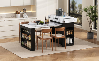 [VIDEO] TREXM Extendable Dining Table with Folding Tabletop, Bar Table with Drawers and Power Outlet, Kitchen Island with Wheels and Hooks, Sideboard for Kitchen and Dining Room (Black+Marble White) image 3