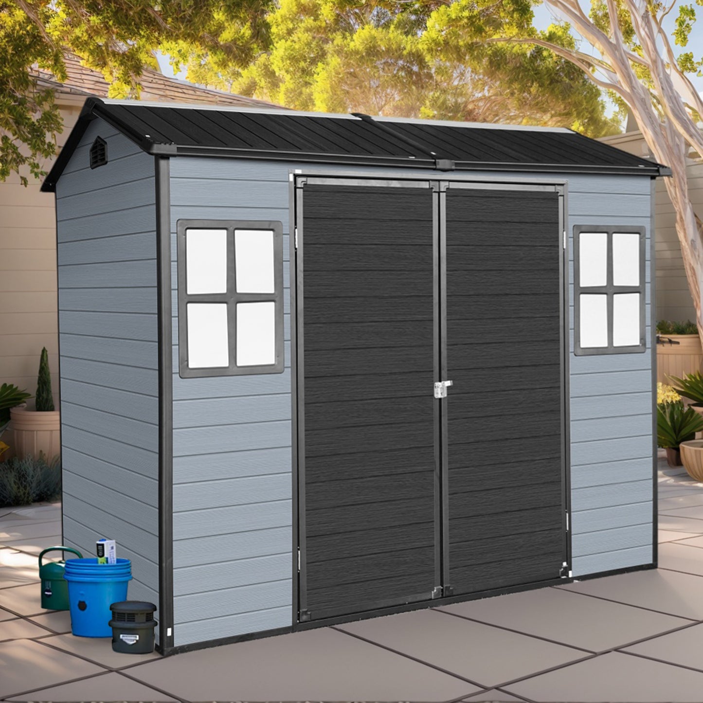 8x4ft Outdoor Resin Garden Shed with Floor and 2 Windows, Plastic Patio Outdoor Storage Shed with Lockable Door for Garden Tools, Bicycles, Trash Cans, Gray+Black image 1