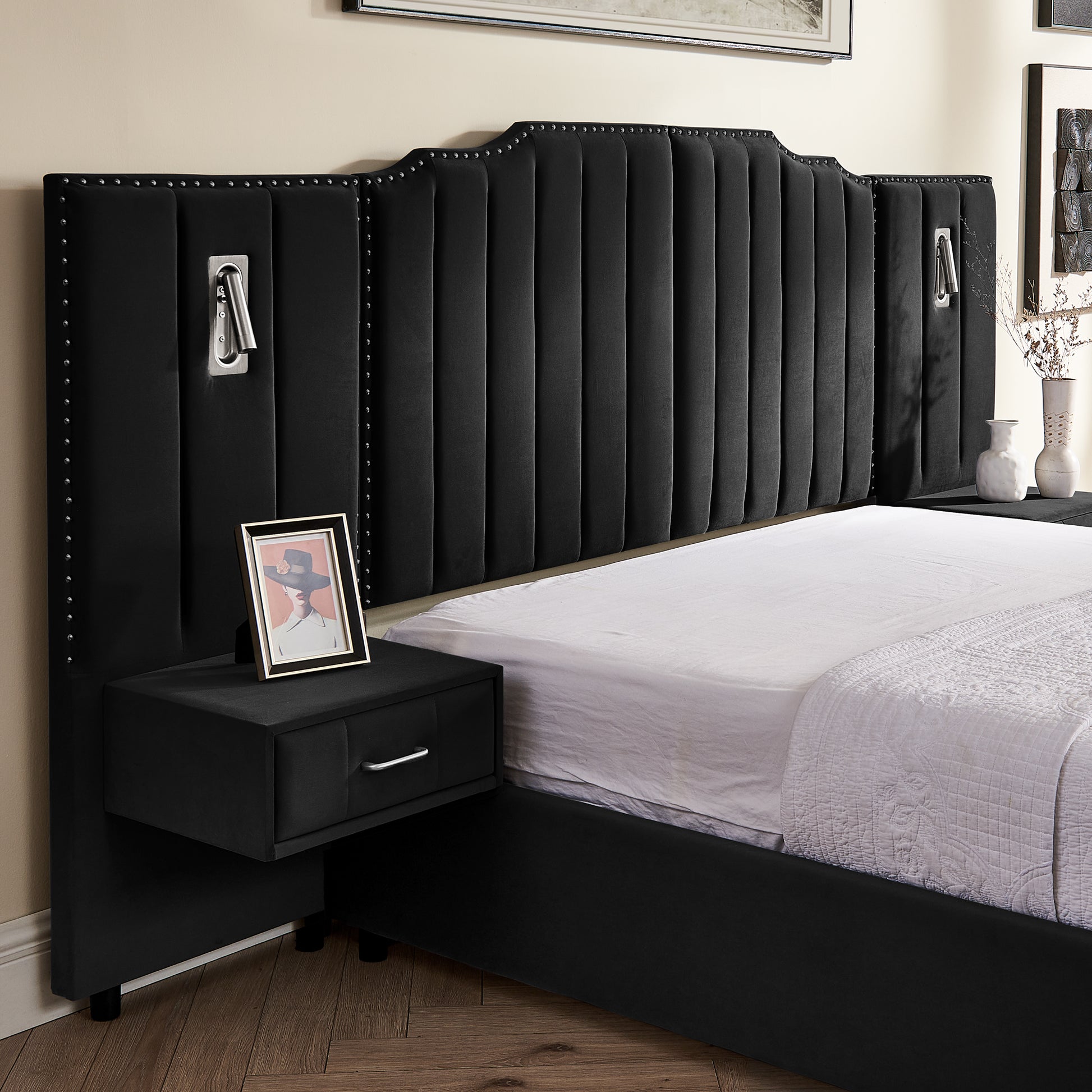 Queen Size Upholstered Bed Frame with Velvet Fabric, Vertical Stripe Design with Buttons Around Platform Bed with Headboard, Solid Frame & Bedside Table - No Box Spring Needed-Black image 7