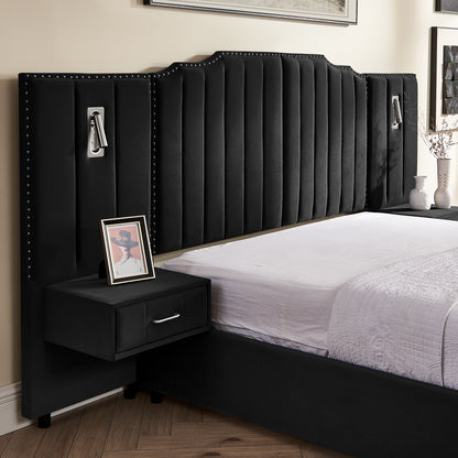 Queen Size Upholstered Bed Frame with Velvet Fabric, Vertical Stripe Design with Buttons Around Platform Bed with Headboard, Solid Frame & Bedside Table - No Box Spring Needed-Black image 7