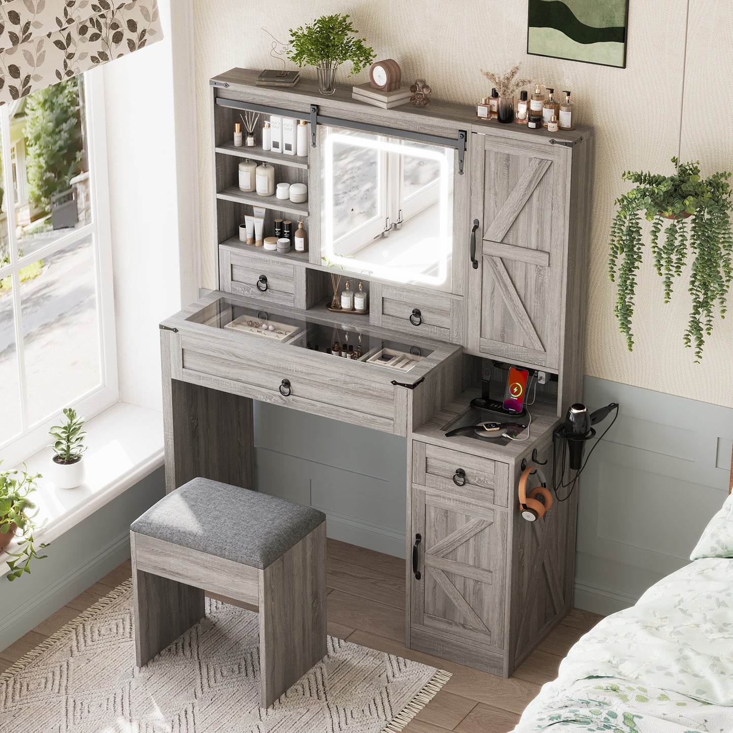 Farmhouse Vanity Desk with Sliding Mirror and Lights, Vanity Set with Glass Top and Charging Station,Dressing Table with 4 Drawers and 2 Cabinets, Dressing Table with Stool for Bedroom, Gray image 1