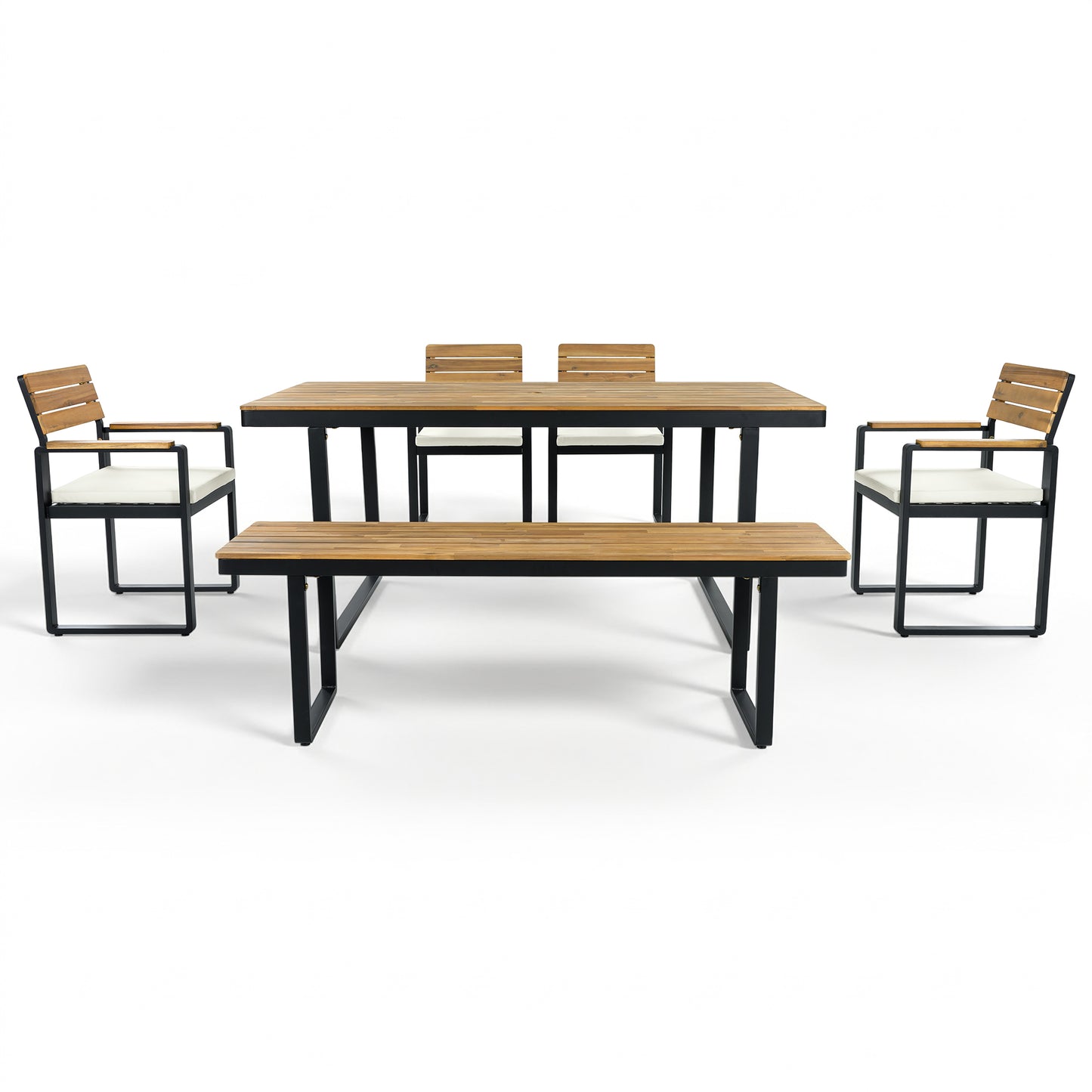 6-Piece Outdoor Dining Set, Acacia Wood, 1 Table with 4 Chairs & 1 Bench for 6-7 Person, Comfortable Cushions on Chairs, Adjustable Feet, for Patio, Garden, Backyard Dining, Beige Cushion image 12