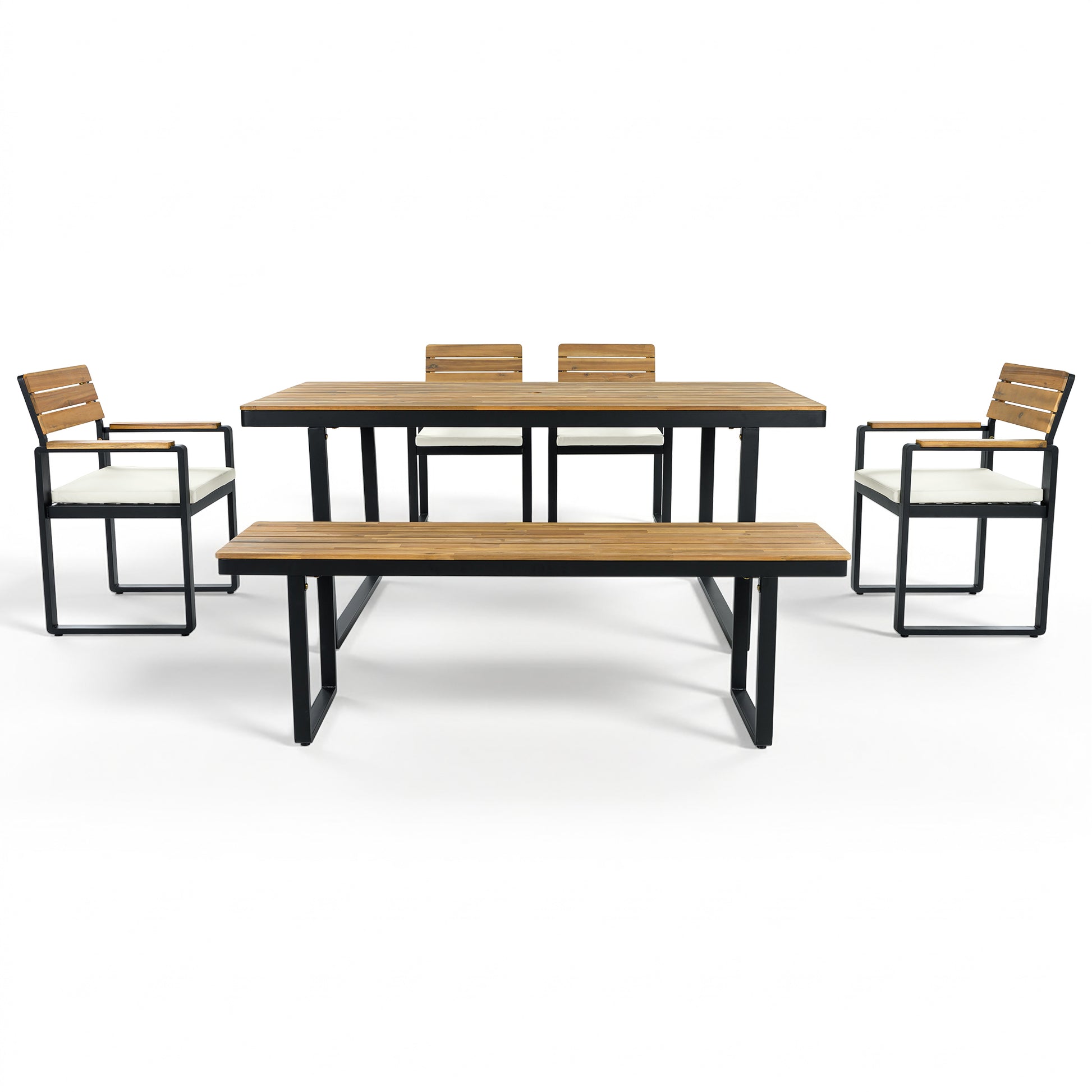 6-Piece Outdoor Dining Set, Acacia Wood, 1 Table with 4 Chairs & 1 Bench for 6-7 Person, Comfortable Cushions on Chairs, Adjustable Feet, for Patio, Garden, Backyard Dining, Beige Cushion image 12