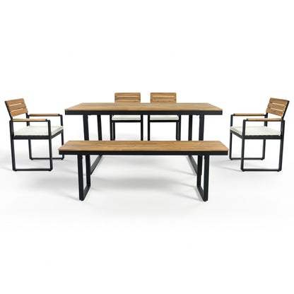 6-Piece Outdoor Dining Set, Acacia Wood, 1 Table with 4 Chairs & 1 Bench for 6-7 Person, Comfortable Cushions on Chairs, Adjustable Feet, for Patio, Garden, Backyard Dining, Beige Cushion image 12
