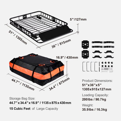 Roof Rack Cargo Basket 200 LBS 51"x36"x5" for SUV Truck with Luggage Bag image 3