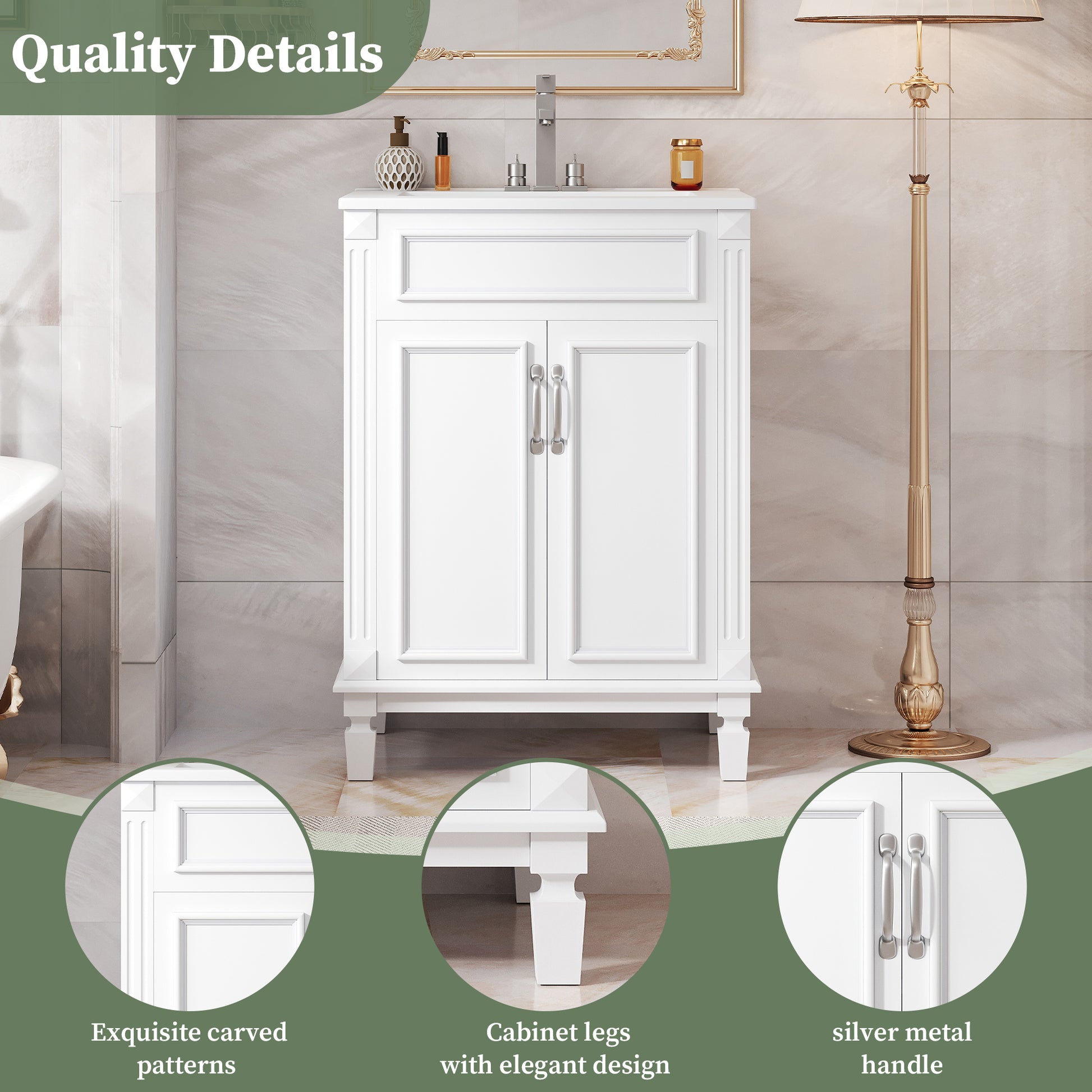 24'' Bathroom Vanity with Top Sink, Modern Bathroom Storage Cabinet with 2 Soft-Closing Doors and Adjustable Shelf, Solid Wood Frame image 6
