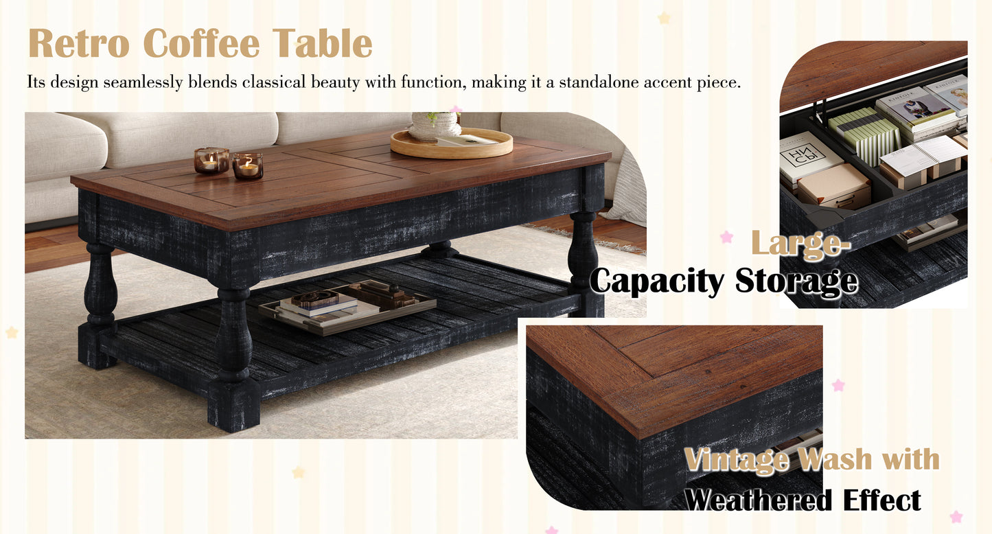 Retro Lift-Top Coffee Table with Storage for Living Room, Hidden Compartment & Lower Shelf, Espresso & Weathered Black Finish image 10