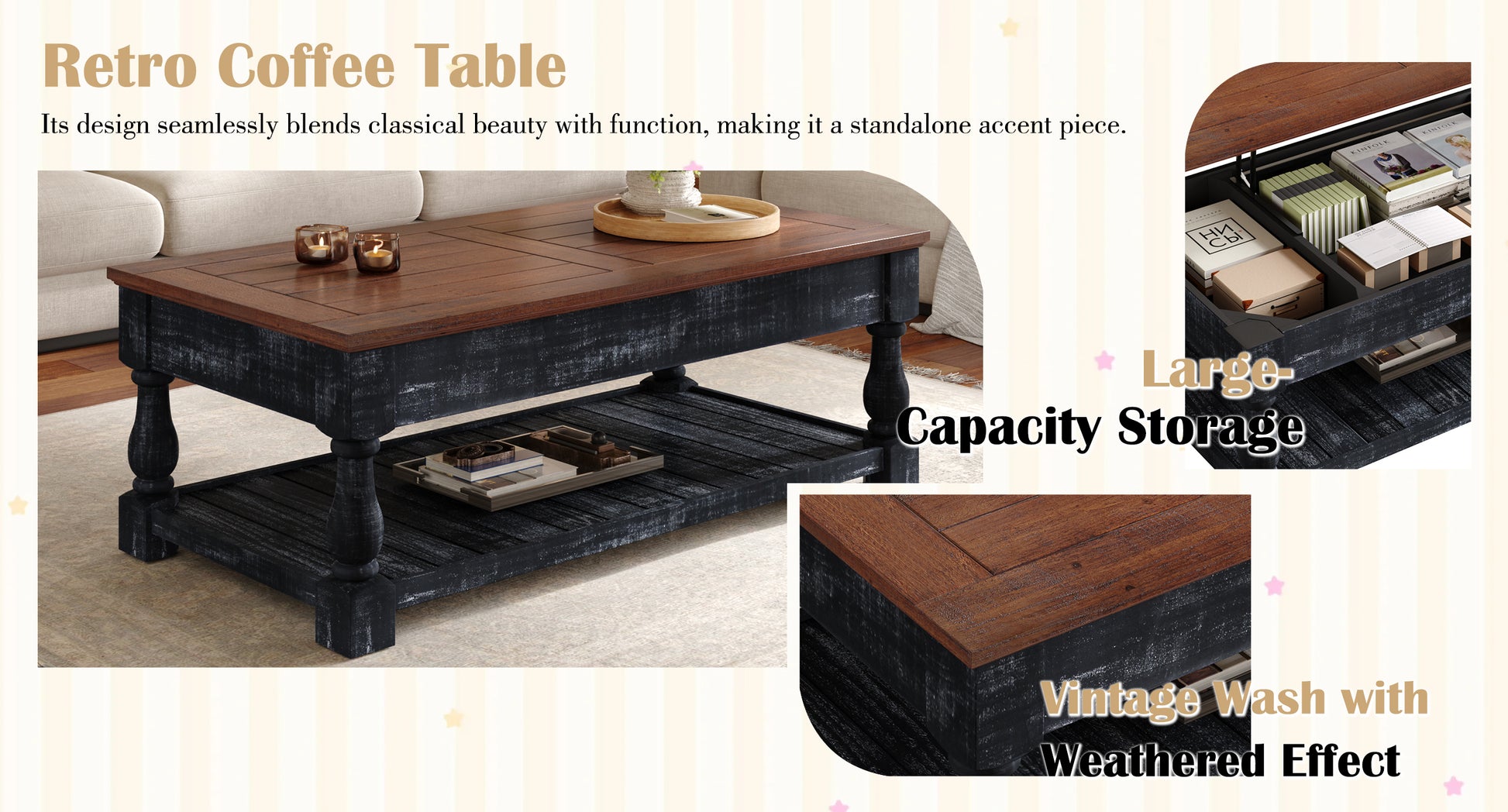 Retro Lift-Top Coffee Table with Storage for Living Room, Hidden Compartment & Lower Shelf, Espresso & Weathered Black Finish image 10