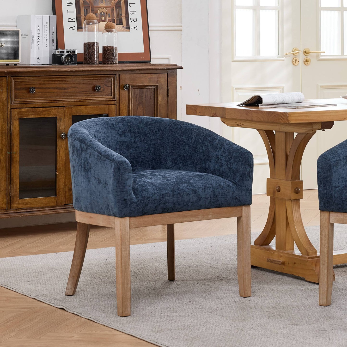 Mid Century Modern Upholstered Barrel Dining Chairs with Arms,Farmhouse Chenille Kitchen & Dining Room Chairs with Natural Hardwood Frame, 19" W Accent Chairs for Living Room,Single Pack,Blue,SW1891BL image 1