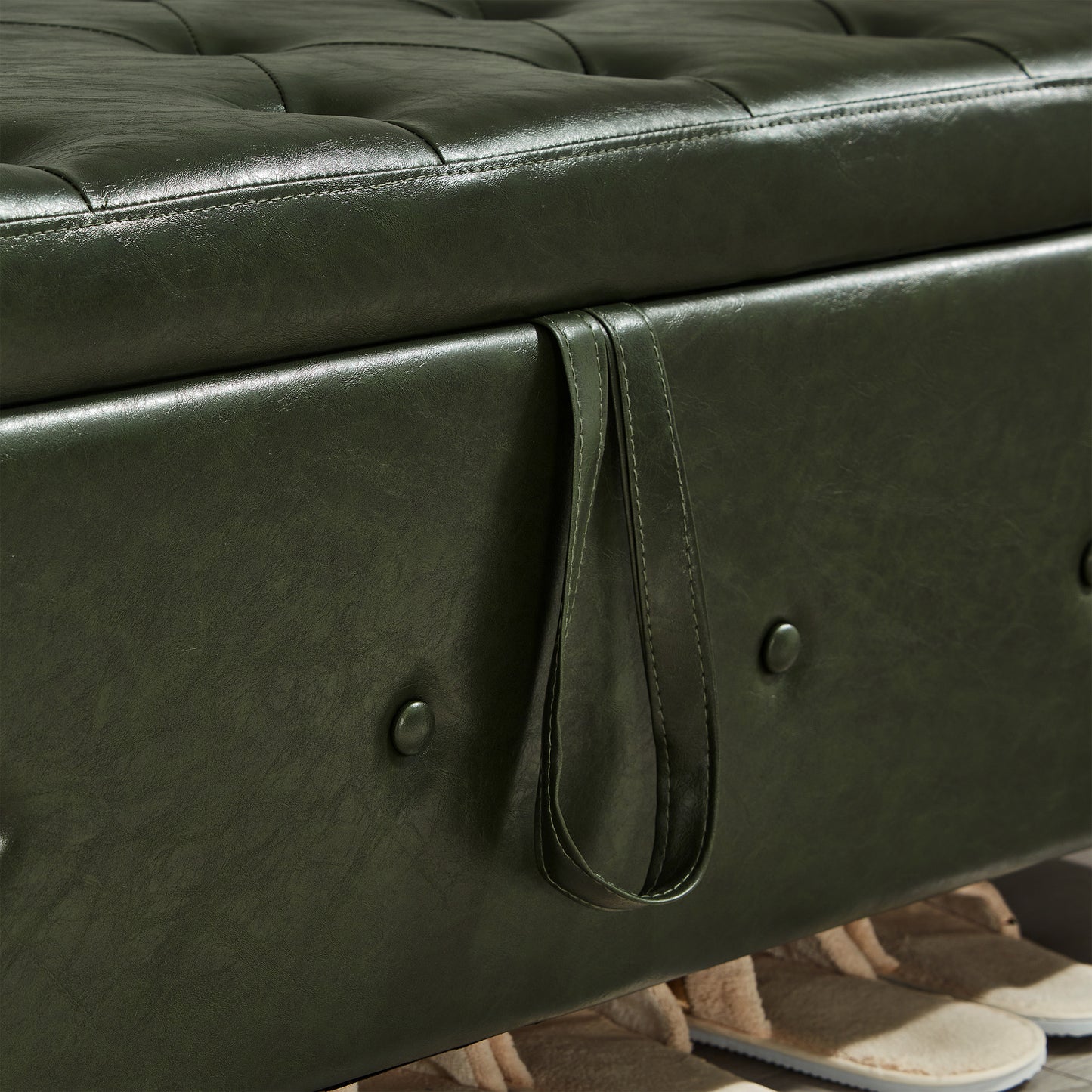 48" Ottoman Bench with Storage, Bench for Bedroom,Living Room,Hallway, Upholstered Tufted Faux Leather PU Ottoman Dark Green image 8
