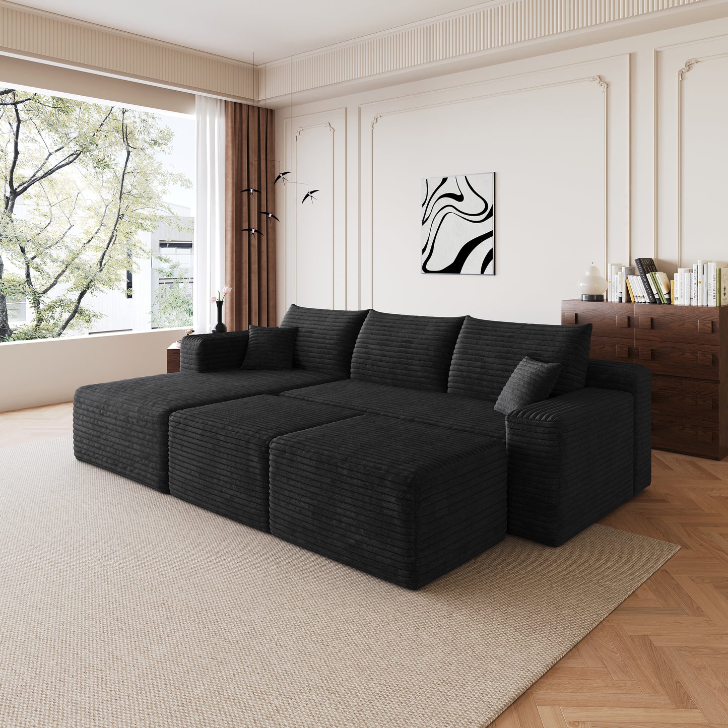 95" Cloud Sectional Sofa with 2 Ottoman,Modern Minimalist Upholstered Couches, Comfort U Shaped Sofa for Living Room,Deep Seat Corner Couch,No Assembly Required,Black (Plush Corduroy Fabric) image 4