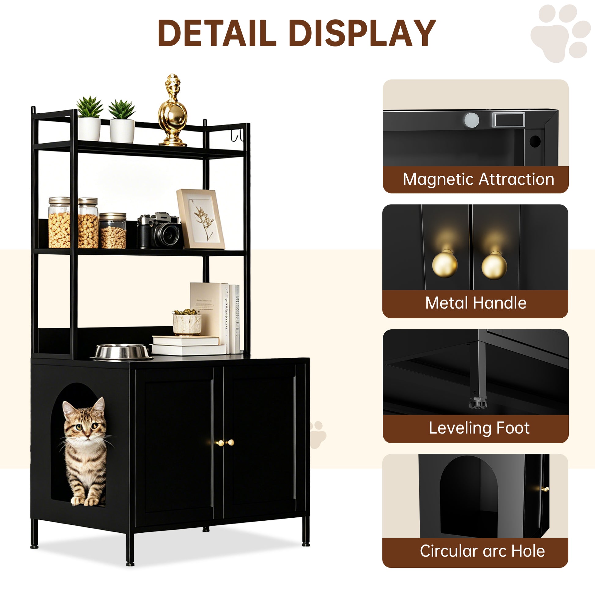 Metal Cat Litter Box Enclosure, 57" Tall Hidden Litter Box Cabinet with 3 Tier Storage Shelves, Large Indoor Cat House with Doors & 4 S-Hooks, Odor Control Pet Washroom Furniture for Large Cats, Black image 6