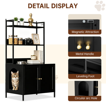 Metal Cat Litter Box Enclosure, 57" Tall Hidden Litter Box Cabinet with 3 Tier Storage Shelves, Large Indoor Cat House with Doors & 4 S-Hooks, Odor Control Pet Washroom Furniture for Large Cats, Black image 6