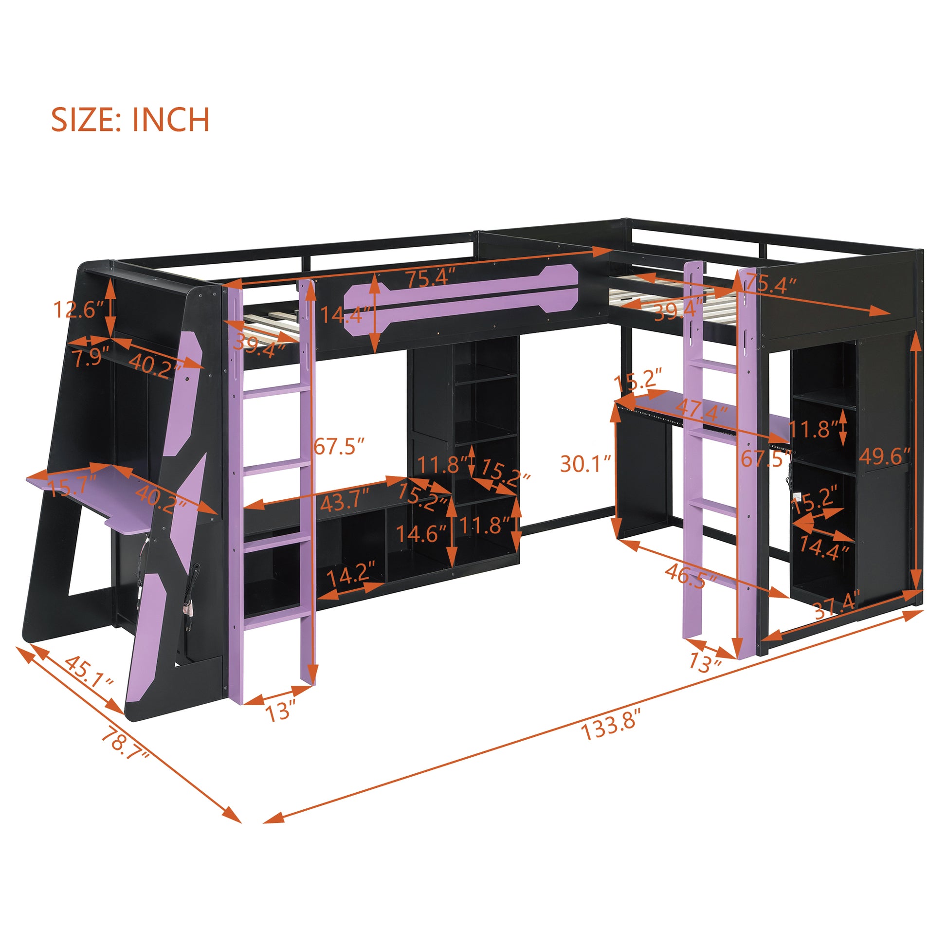 L-Shaped Wooden twin Size Gaming Bed Frame with RGB LED Lights, Dual twin Beds, USB Ports, TV Stand & Storage Shelves, Reversible Layout, Space-Saving Wood Loft Bed for Teens & Adults-Purple image 7