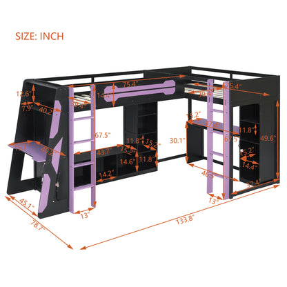L-Shaped Wooden twin Size Gaming Bed Frame with RGB LED Lights, Dual twin Beds, USB Ports, TV Stand & Storage Shelves, Reversible Layout, Space-Saving Wood Loft Bed for Teens & Adults-Purple image 7