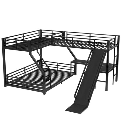 L-Shaped Twin XL over Queen Bunk Bed with Twin Size Loft Bed, Metal Triple Bunk Bed with Slide and USB Ports, Space-saving and Noise-free Design, Black image 7