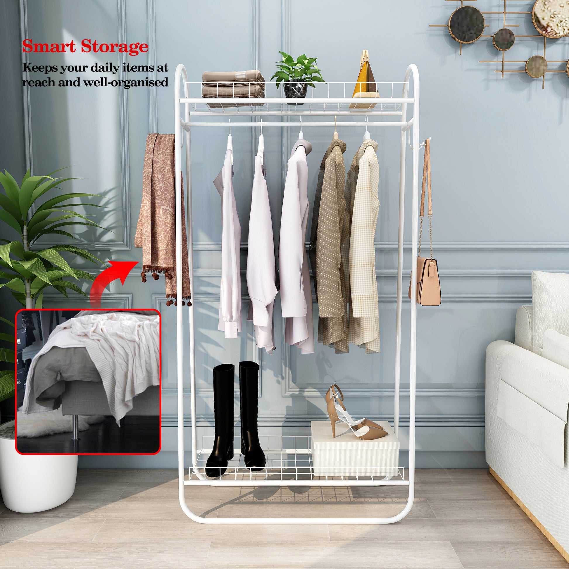 Garment Rack Freestanding Heavy Duty Clothing Rack, Metal Rolling Clothes Rack with Double Shelves, Portable Wardrobe Rack for Hanging Clothes image 4