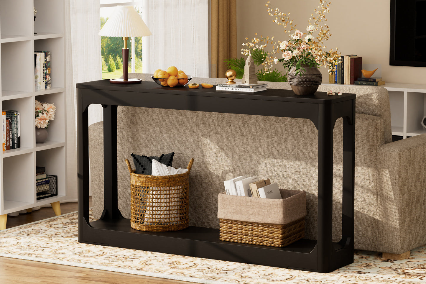 55.1-inch curved-leg storage table, ideal for entryways, slim wooden side table that can be placed behind a sofa, perfect for entryways, hallways, and doorways. Black, 55.1"L*11.8"W*31.1"H image 6