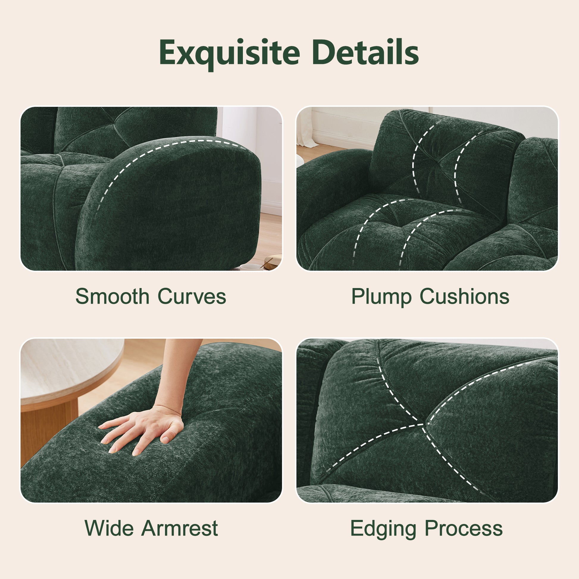 2-seater Tufted Sofa Couches With boneless Sofa,Soft Velvet Fabric,Bottom Anti-Slip Design,32D High Density Sponge,Ergonomic Design Bottom,No Assembly Required,Fits Living Rooms,Green image 5