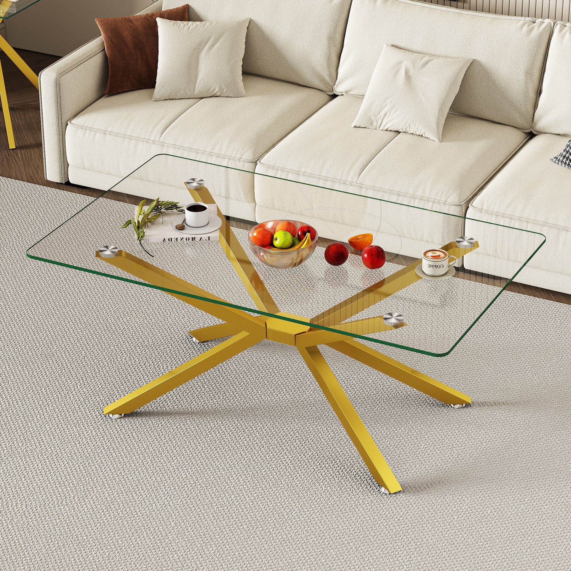 39.37" Rectangular Clear Tempered Glass Coffee Table,Stylish Design with Gold Metal Legs, Coffee Table for Living Room image 1