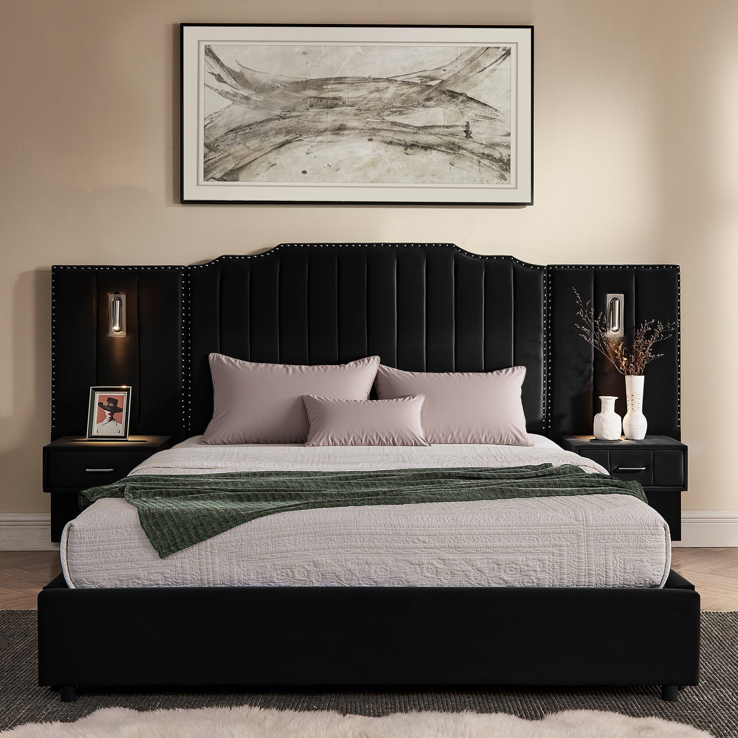 Queen Size Upholstered Bed Frame with Velvet Fabric, Vertical Stripe Design with Buttons Around Platform Bed with Headboard, Solid Frame & Bedside Table - No Box Spring Needed-Black image 5