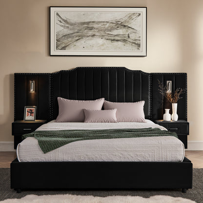 Queen Size Upholstered Bed Frame with Velvet Fabric, Vertical Stripe Design with Buttons Around Platform Bed with Headboard, Solid Frame & Bedside Table - No Box Spring Needed-Black image 5