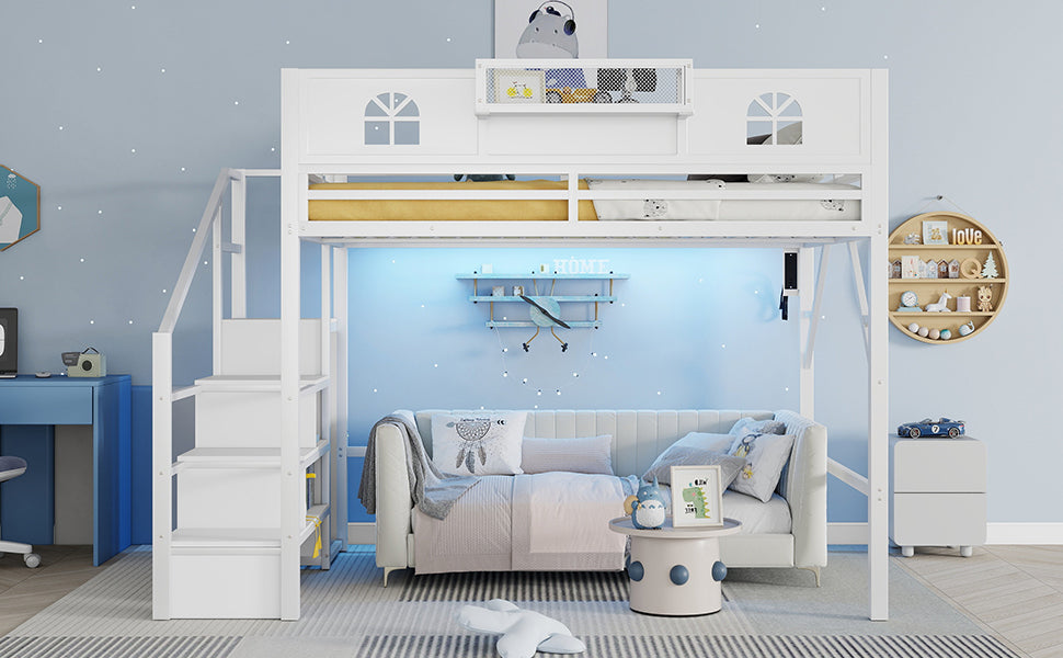 Queen Size Loft Bed with Stairs, Metal Queen Loft Bed with High and House Shaped Guardrails, High Loft Bed with Wardrobe for Kids Teens, White (Old SKU W2593S00038 Expect Arrival Date2026/3/7) image 5