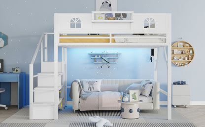 Queen Size Loft Bed with Stairs, Metal Queen Loft Bed with High and House Shaped Guardrails, High Loft Bed with Wardrobe for Kids Teens, White (Old SKU W2593S00038 Expect Arrival Date2026/3/7) image 5