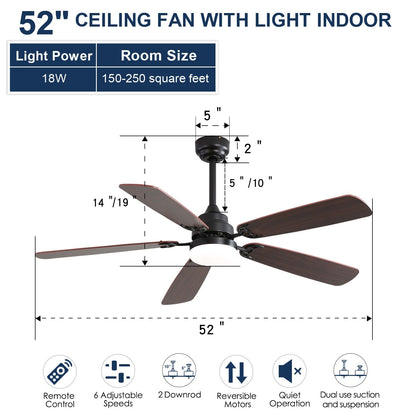 52 Inch Classics Ceiling Fan With Led Light 6 Speed Wind 5 Blades Remote Control DC Motor For Indoor image 8