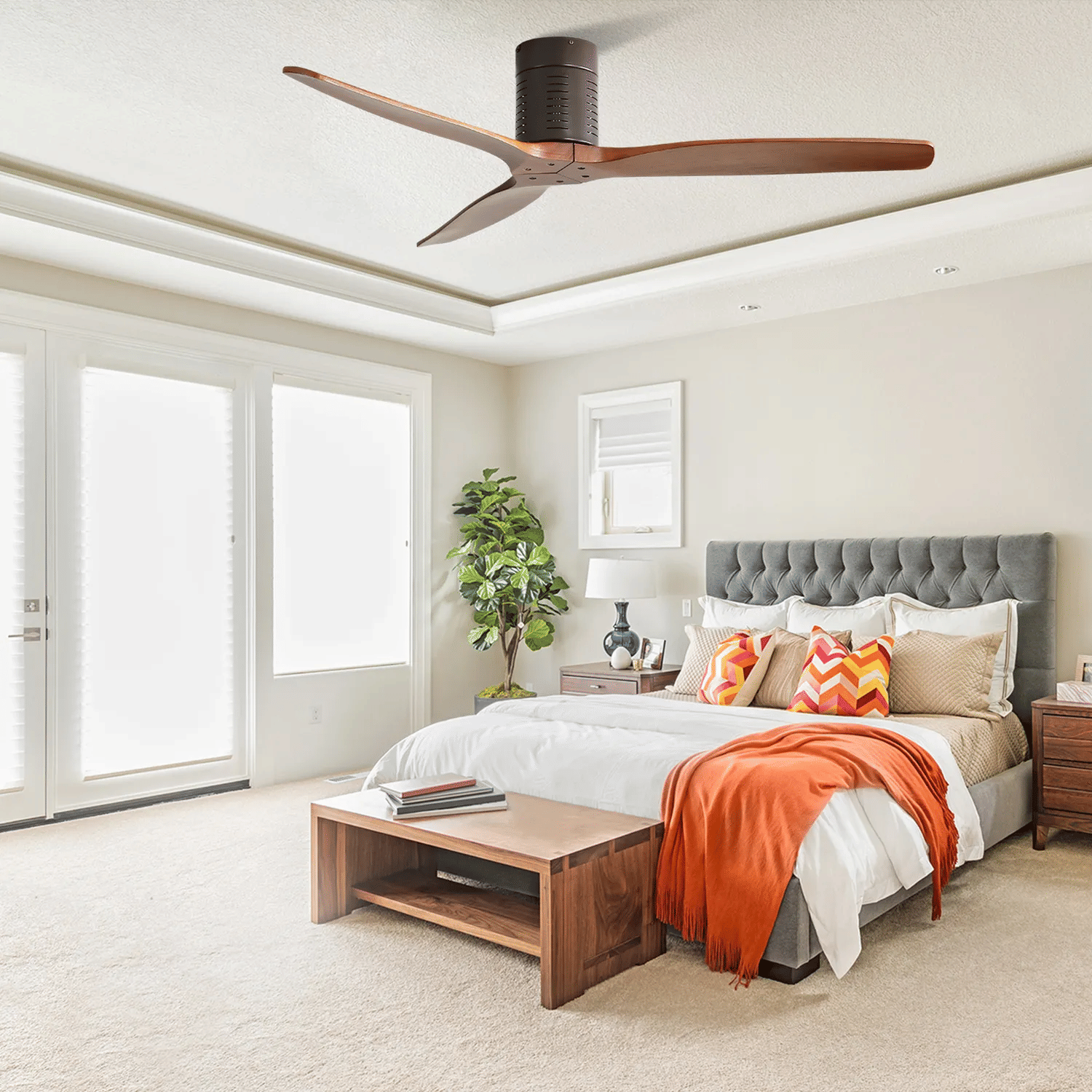 52 inch Flush Mount Ceiling Fan with Remote Control, 3 Reversible Wood Blades Noiseless DC Motor Ceiling Fan without Lig image 4