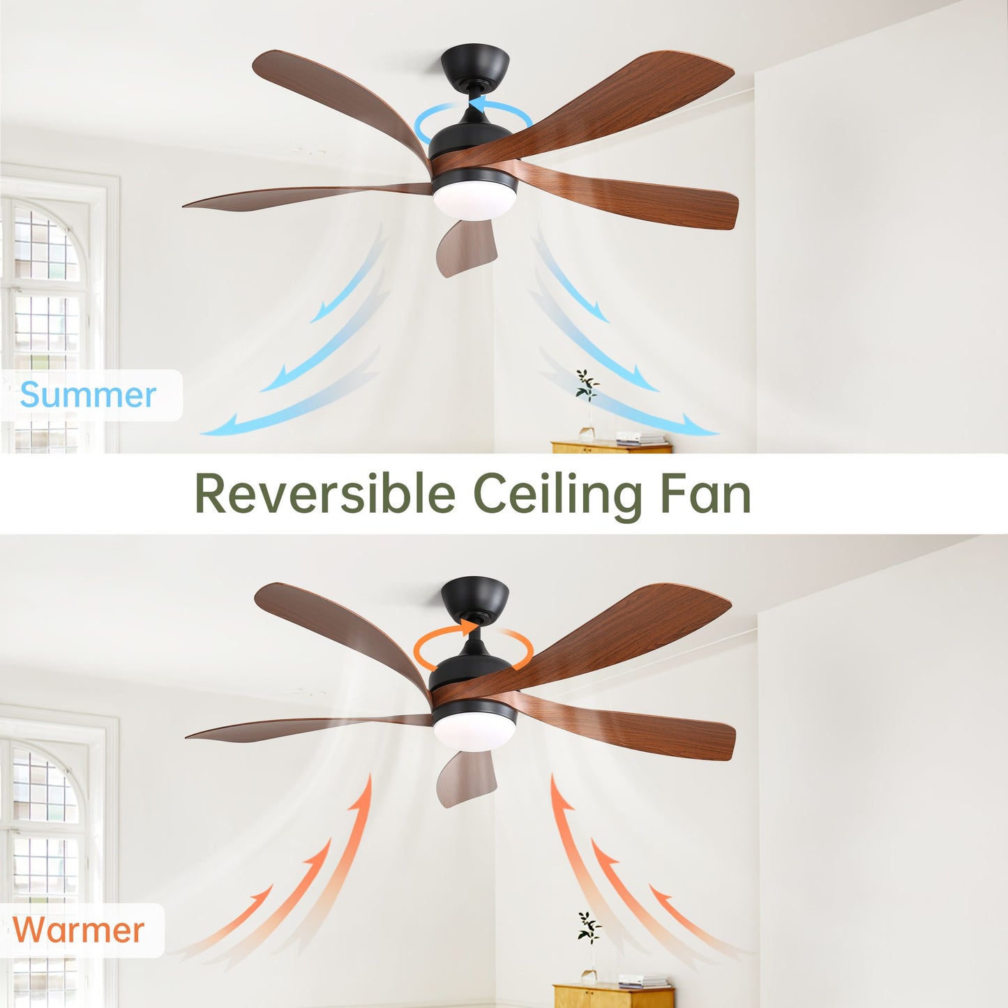52 Inch Indoor Ceiling Fan With 3 Color Dimmable 5 ABS Blades Remote Control Reversible DC Motor Black With Led Light image 2