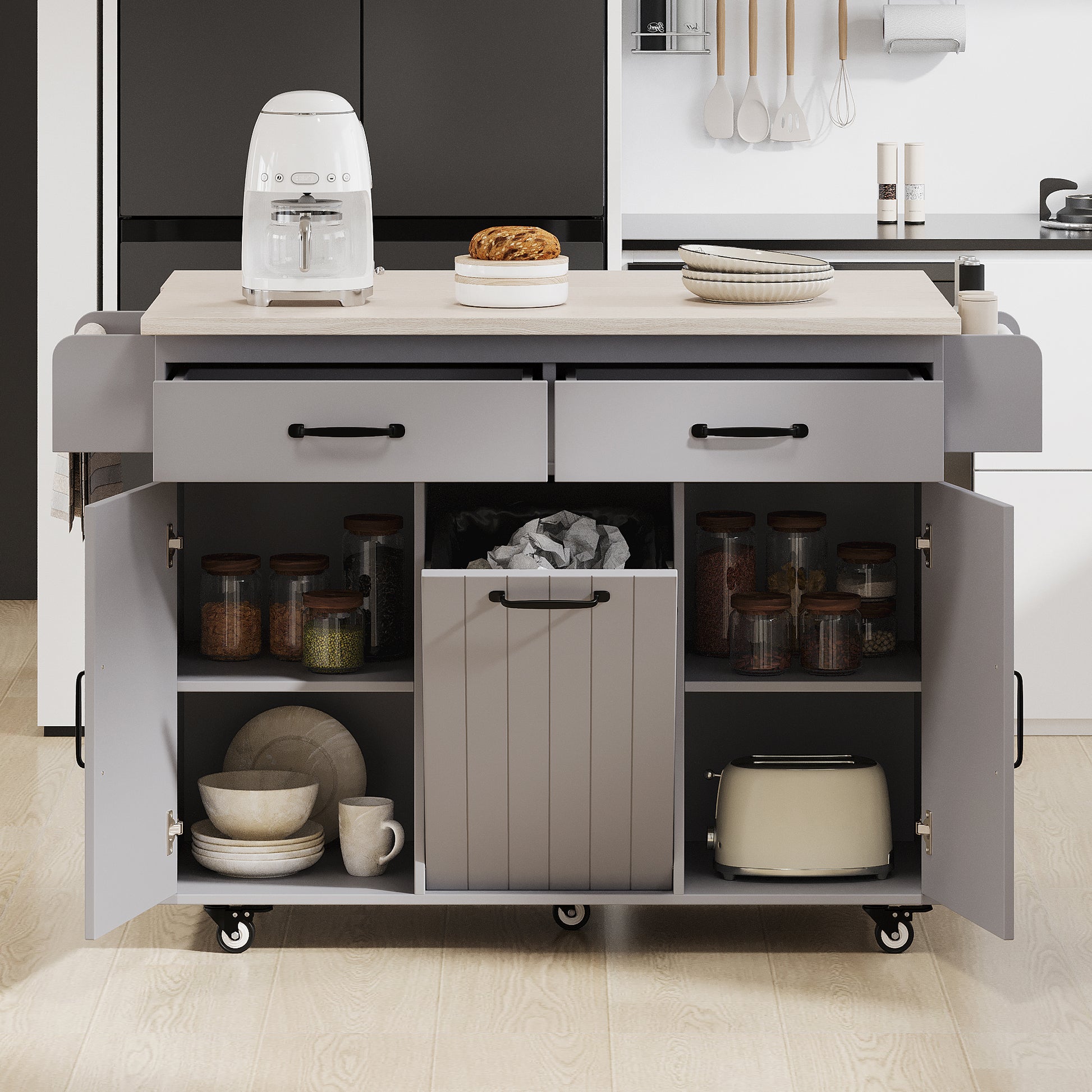 K&K Kitchen Island with Trash Can Storage Cabinet, Kitchen Cart with Drop Leaf, Spice Rack, Towel Rack and Drawer, Rolling Kitchen Island on Wheels with Adjustable Shelf, Grey image 7
