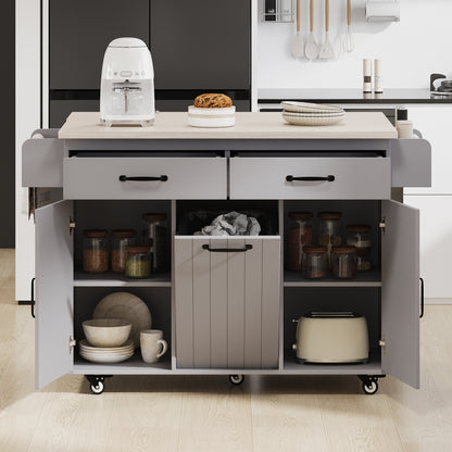 K&K Kitchen Island with Trash Can Storage Cabinet, Kitchen Cart with Drop Leaf, Spice Rack, Towel Rack and Drawer, Rolling Kitchen Island on Wheels with Adjustable Shelf, Grey image 7