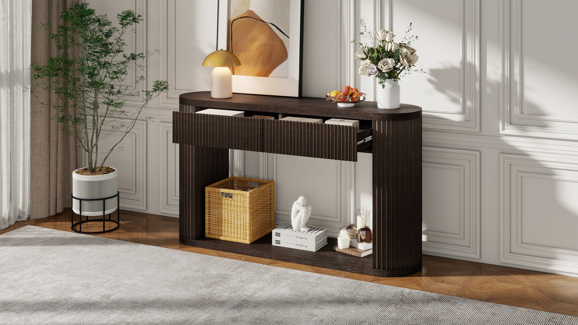 TREXM Oval Fluted Console Table with 2 Drawers and Bottom Shelf, Wood Entryway Table with Smooth Metal Slides for Living Room, Entryway (Espresso) image 6