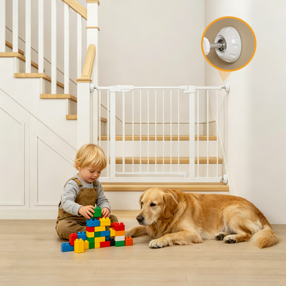 29.5-45.3" Wide Baby Gate with wall protector for Stairs, Dog Gate Indoor for Doorways, No Drilling Pressure Mounted Pet Gates for Kids, Easy Walk Through Safety Gate, White image 1