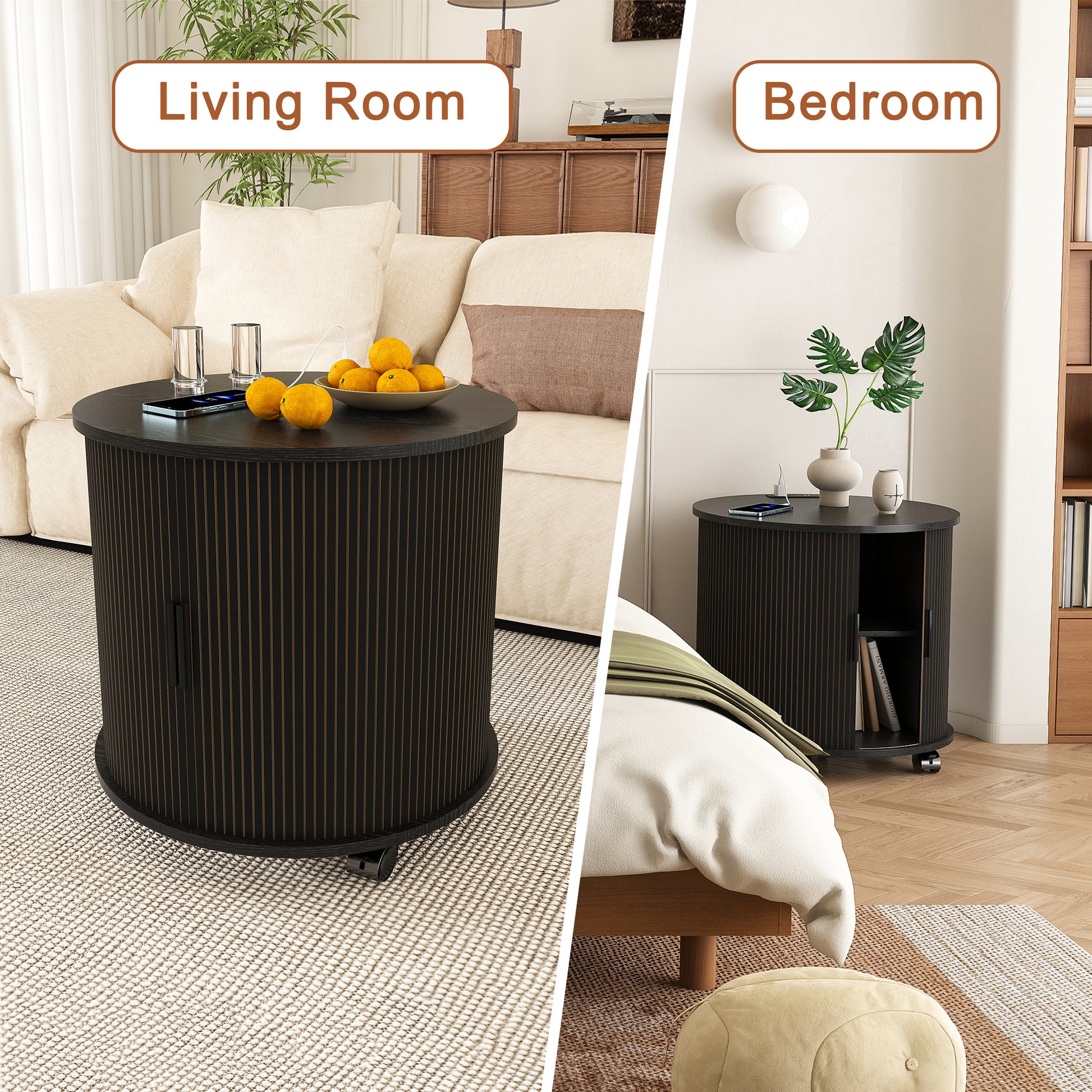 Mid Century Modern Cylinder End Table with Built-in Charging Station & Sliding Door, 2-Tier Storage Round Nightstand with USB Ports, Bedside Table for Living Room, Bedroom, Entryway-Black image 4
