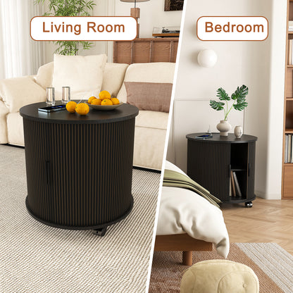 Mid Century Modern Cylinder End Table with Built-in Charging Station & Sliding Door, 2-Tier Storage Round Nightstand with USB Ports, Bedside Table for Living Room, Bedroom, Entryway-Black image 4