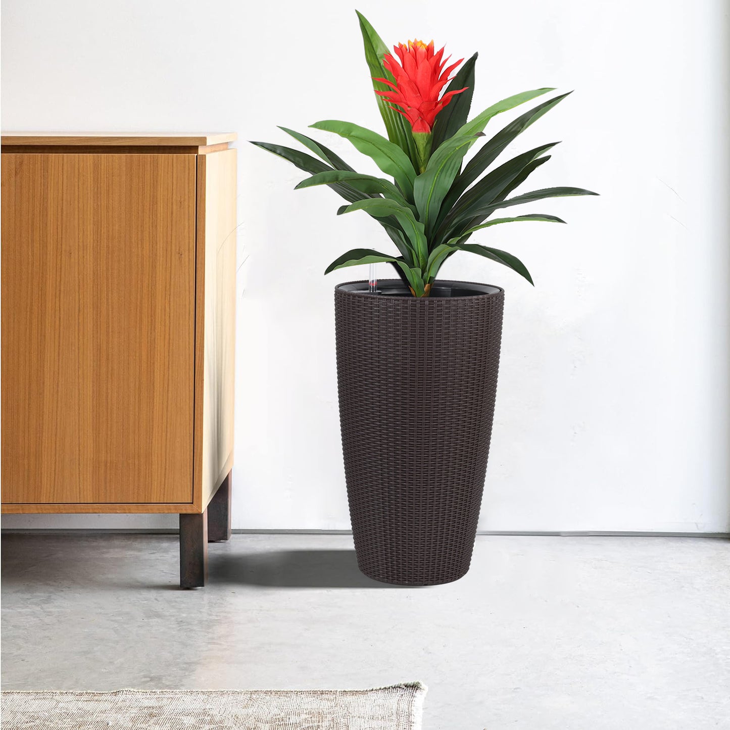 Set of 2 Faux Rattan Tall Planters Outdoor Indoor Large Planters with Water Level Monitor Inner Bucket, Automatic Watering, Flower Plant Pots for Garden, Patio, Porch, Backyard (Brown, 22 inch) image 2