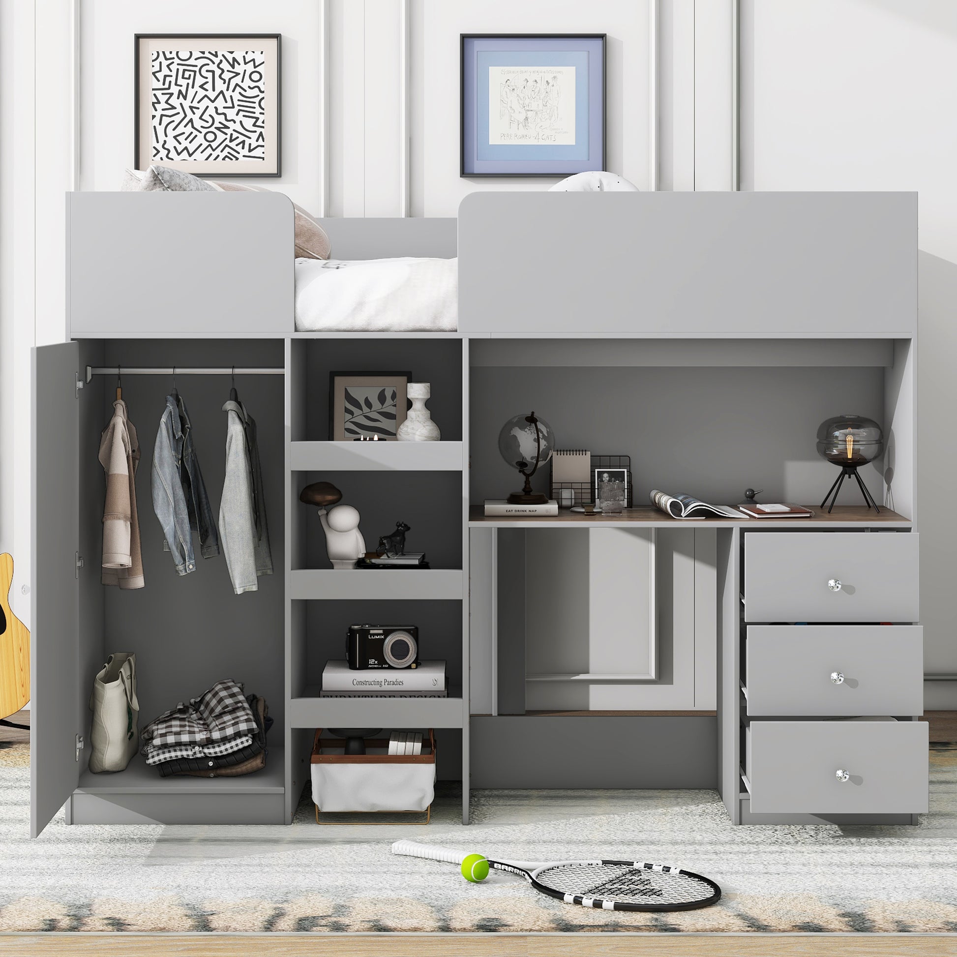 Wood Full Size Loft Bed with Built-in Wardrobe, Desk, Storage Shelves and Drawers, Grey image 2