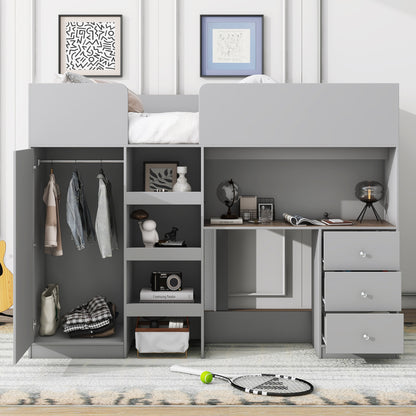 Wood Full Size Loft Bed with Built-in Wardrobe, Desk, Storage Shelves and Drawers, Grey image 2