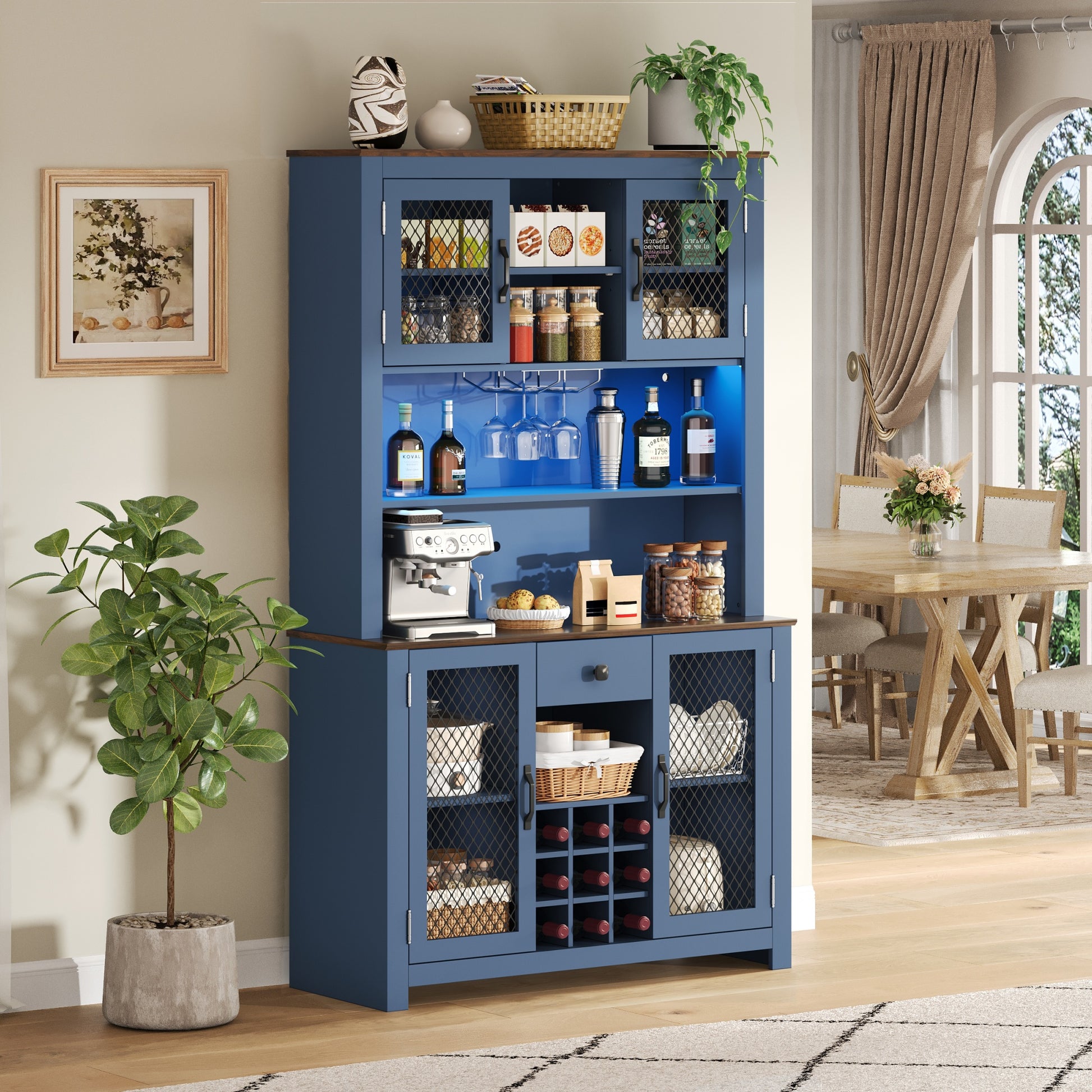 70.9" Kitchen Pantry Storage Cabinet Rustic Buffet Cabinet, Kitchen Hutch Cabinet with LED Outlets Food Pantry Cabinet with Doors and Shelves Wine Rack for Dining Room, Navy Blue image 5