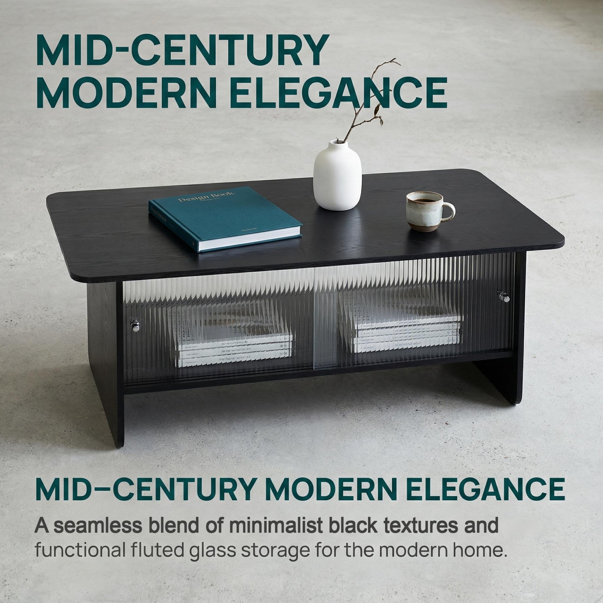 47" Coffee Table With Storage, Rectangular Modern Minimalist Center Table, Fluted Glass Sliding Doors For Living Room Bedroom Guest Room, Black. image 11