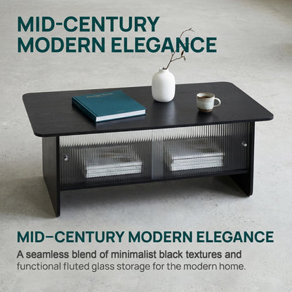 47" Coffee Table With Storage, Rectangular Modern Minimalist Center Table, Fluted Glass Sliding Doors For Living Room Bedroom Guest Room, Black. image 11