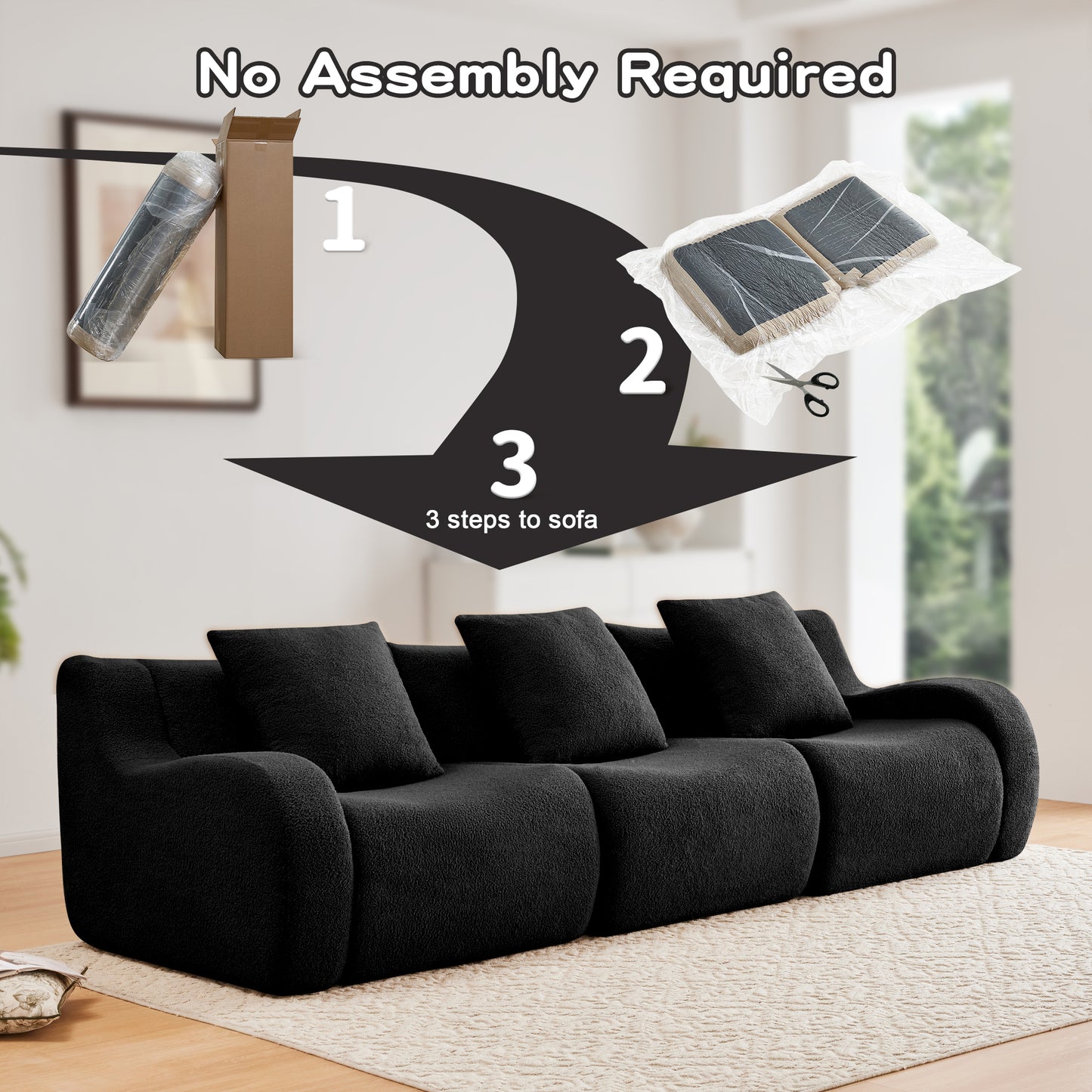 Boneless Sofa,3 Seat High-Quality Teddy Fabric,Anti-Slip Design,No Assembly Curved Armrests Streamlined,32D High Density Sponge For Living Rooms Bedrooms Reading Nook,Black image 10