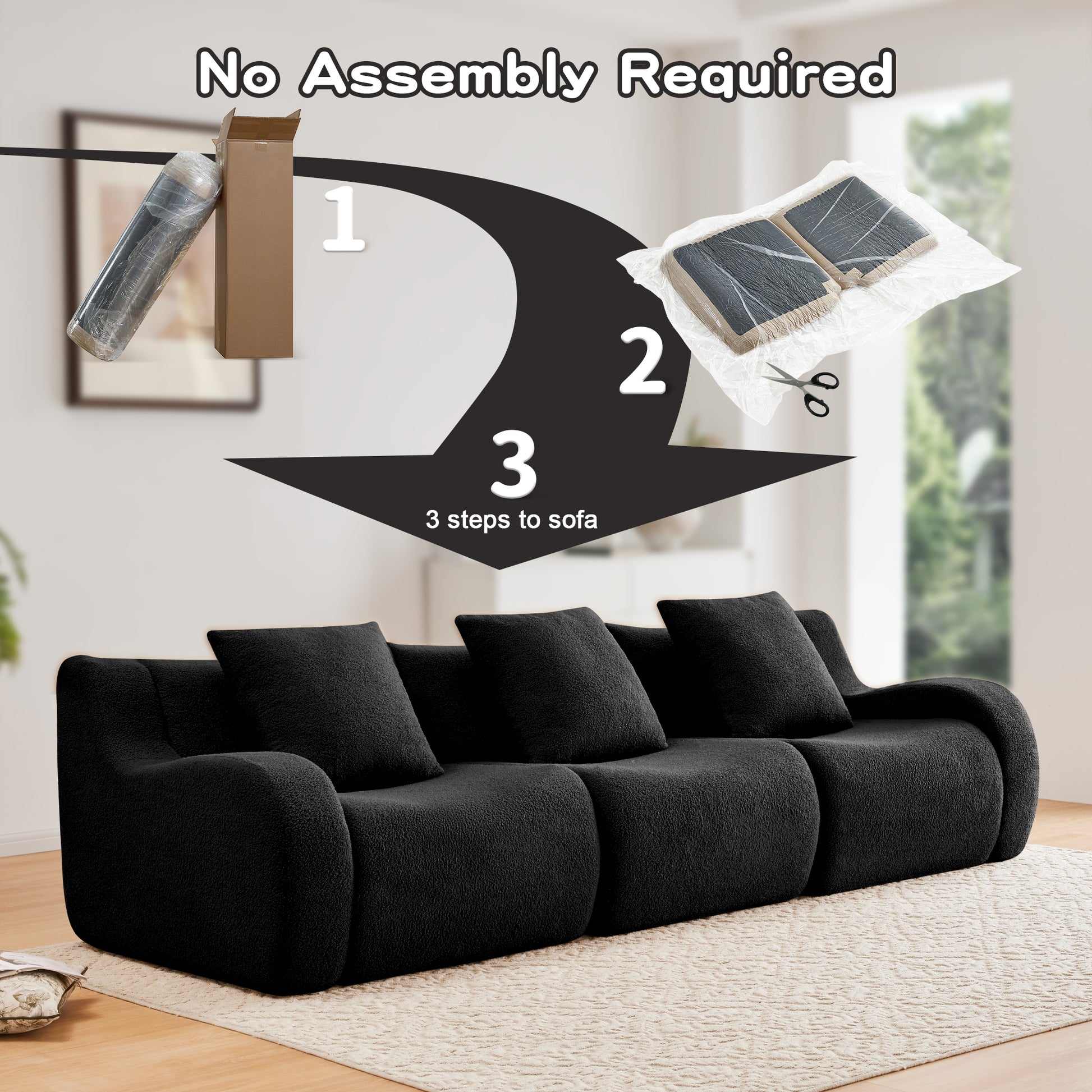 Boneless Sofa,3 Seat High-Quality Teddy Fabric,Anti-Slip Design,No Assembly Curved Armrests Streamlined,32D High Density Sponge For Living Rooms Bedrooms Reading Nook,Black image 10