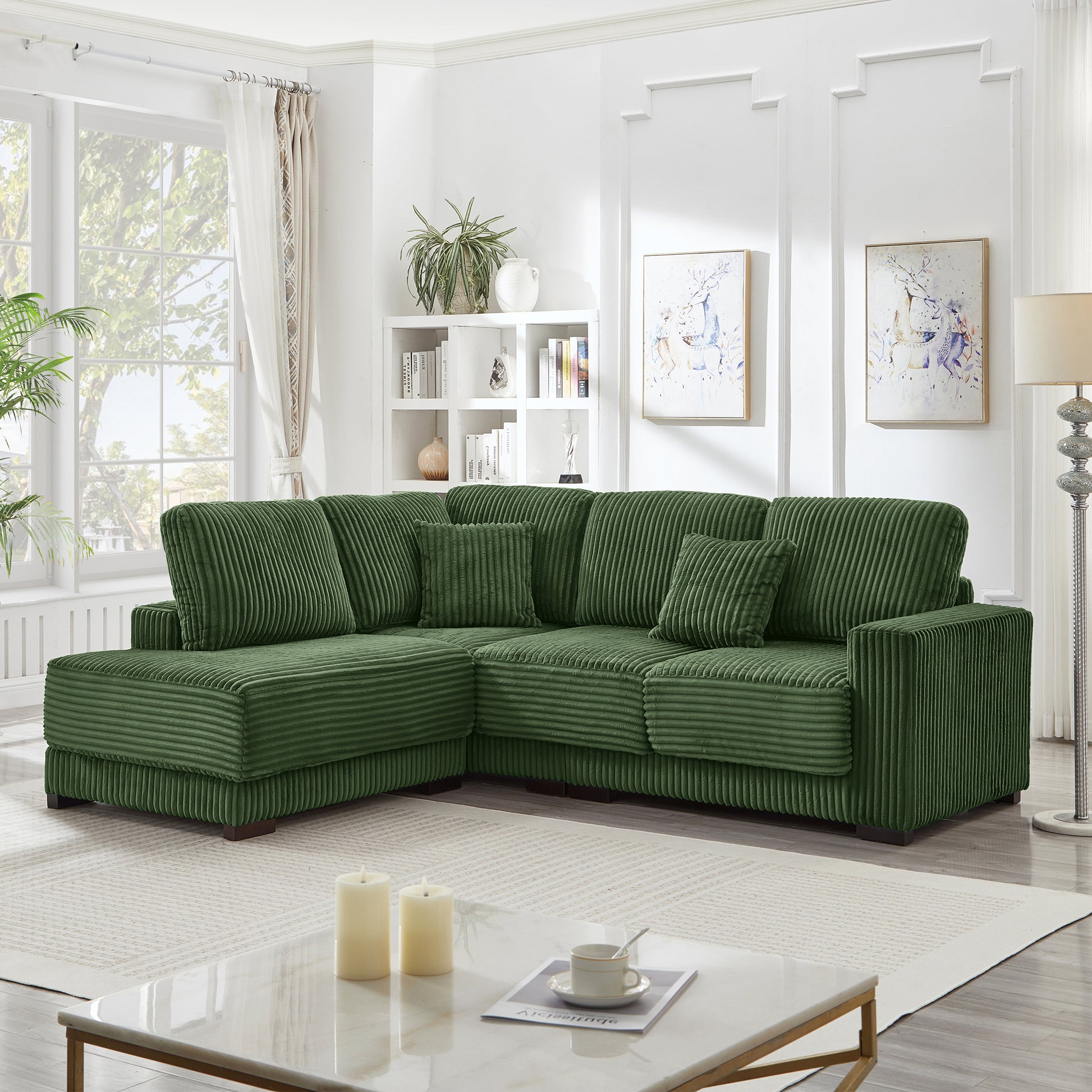93" Sectional Sofa, L Shaped Sofa Couch with Reversible Chaise Lounge, Upholstered Soft Corduroy Couch for Living Room, Apartment (Green) image 2