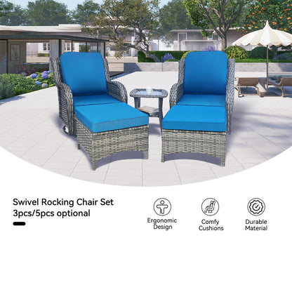 Wicker Patio Furniture Set - 5 Piece Rattan Outdoor Sectional Conversation Sets with 2 Swivel Rocking Chairs,2 Ottomans and 1 Side Table for Porch Deck Garden image 9