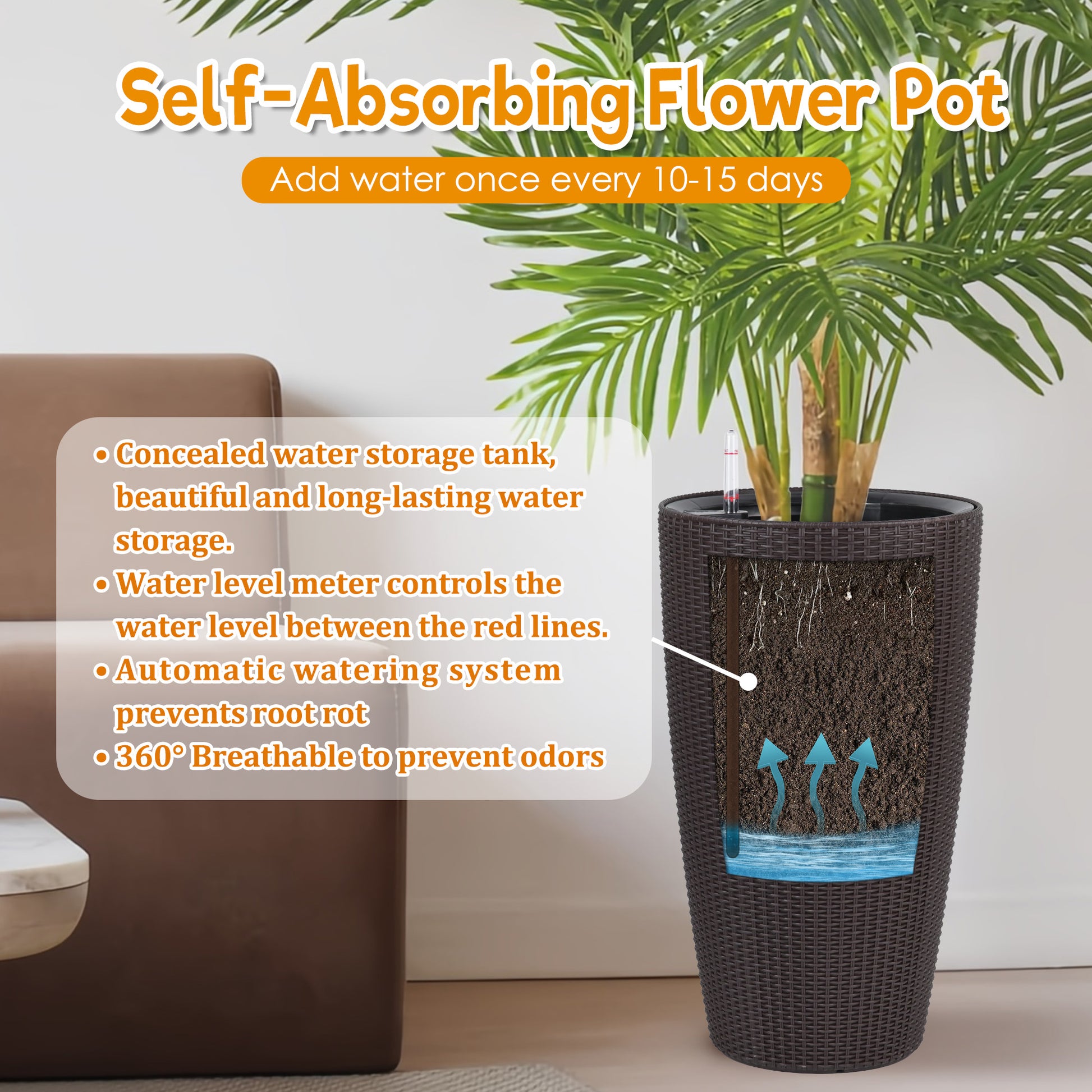 Set of 2 Faux Rattan Tall Planters Outdoor Indoor Large Planters with Water Level Monitor Inner Bucket, Automatic Watering, Flower Plant Pots for Garden, Patio, Porch, Backyard (Brown, 22 inch) image 3